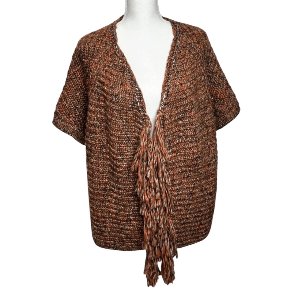 Chico's NWT Fringe Cardigan Bronze Marled Wool Blend Chain Link Trim Sz‎ 0